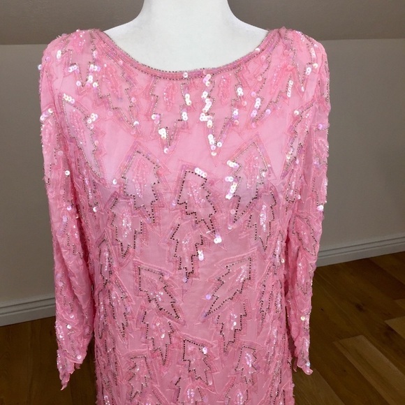 Vintage 80’s Silk Sequin Midi Shift Dress Long Sleeve Cocktail Dress - Picture 2 of 12